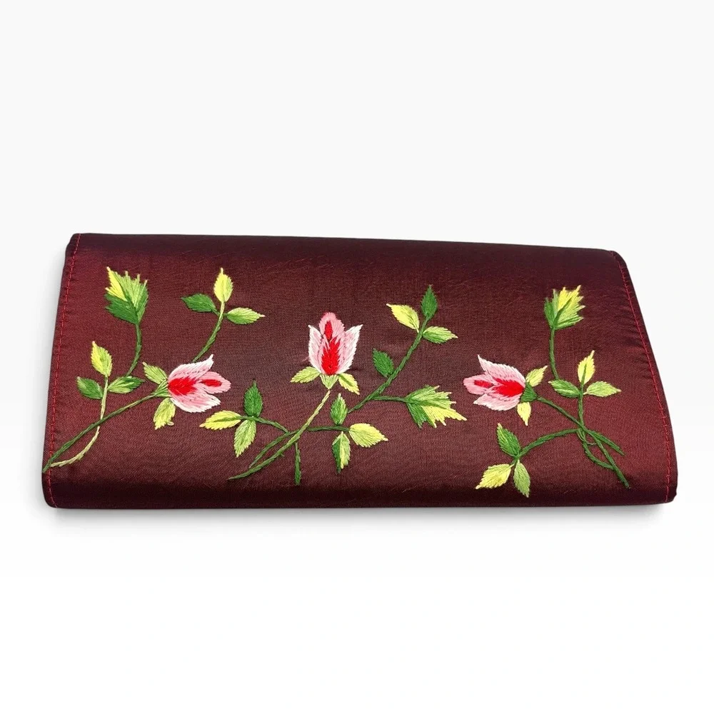 Vintage Style Floral Embroidered Burgundy Satin Clutch Evening Bag Pink Roses